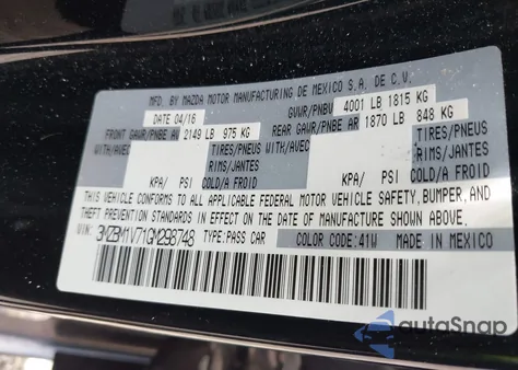 2016 Mazda Mazda3 I Touring z USA, uszkodzony, nr VIN 3MZBM1V71GM298748